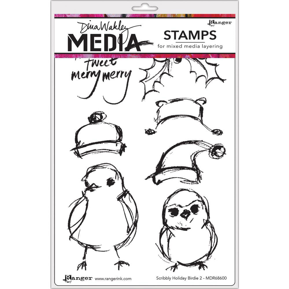 Dina Wakley Media Stamp Set - Scribbly Holiday Birdie 2